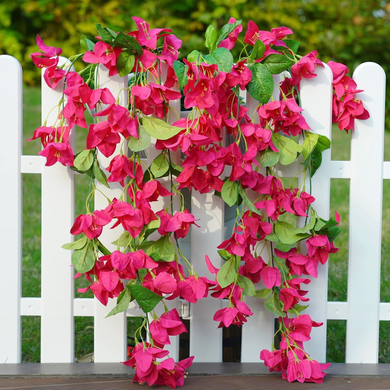 2Pack Artificial Bougainvillea Flowers, Faux Silk Long Vines Hanging Plants for Outdoor Decor, UV Resistant Realistic Fake Flowers for Porch, Patio, Balcony, Yard, Home Summer Decoration, Red Rose