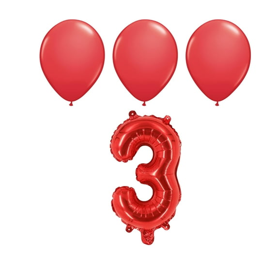 Number Three 3 Red Balloon 32 Inch Foil Mylar Birthday Milestone 3 Matching Red Latex Balloons