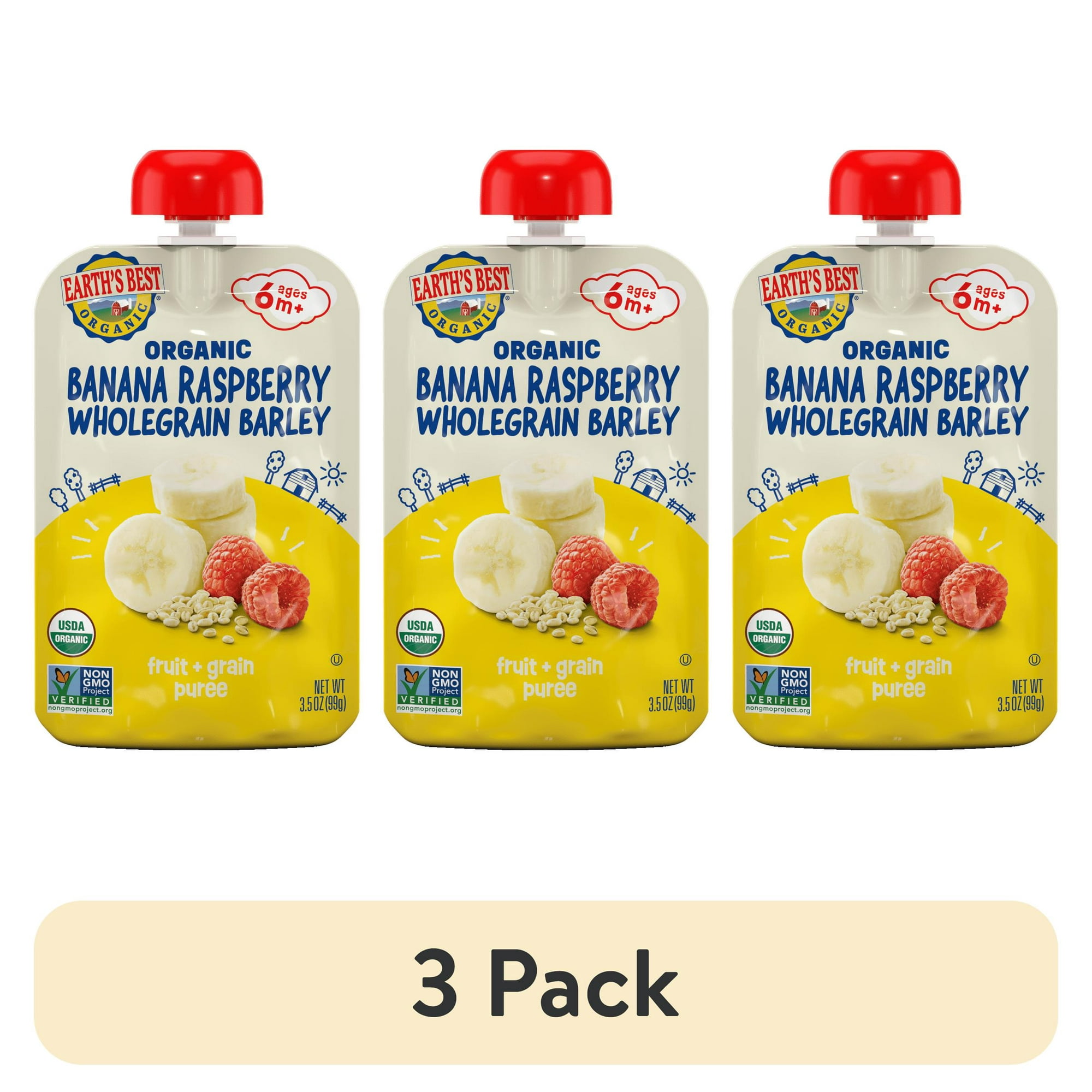 (3 pack) Earth's Best Organic Stage 2 Baby Food, Banana Raspberry Barley Fruit & Grain Puree, 3.5 oz Pouch