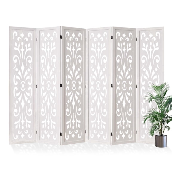 Breltam Folding 6 Panel Room Divider Natural Finish Wood Privacy Screen Boho Hollow Cutout Room Partition,For Living Room Bedroom,Freestanding,White