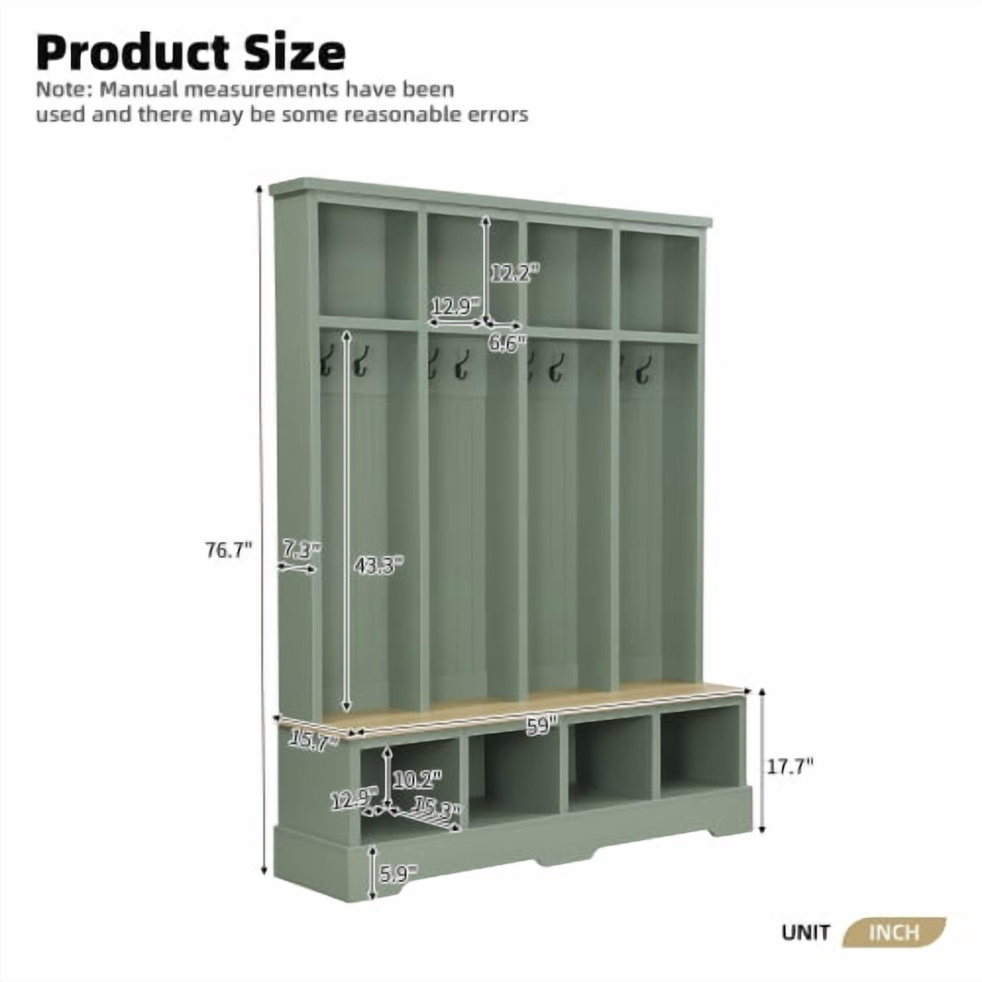 76.7" Farmhouse Hall Tree with 8 Hooks, 3-in-1 Entryway Bench & Coat Shoe Rack, Open Compartments, for Mudroom & Living Room, Green