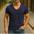 thumbnail image 2 of Men's Solid Color V-Neck T-Shirt Short Sleeve Casual Top Soft & Lightweight For Spring And Summer Daily Wear Basic Clothing,Navy,XL, 2 of 4