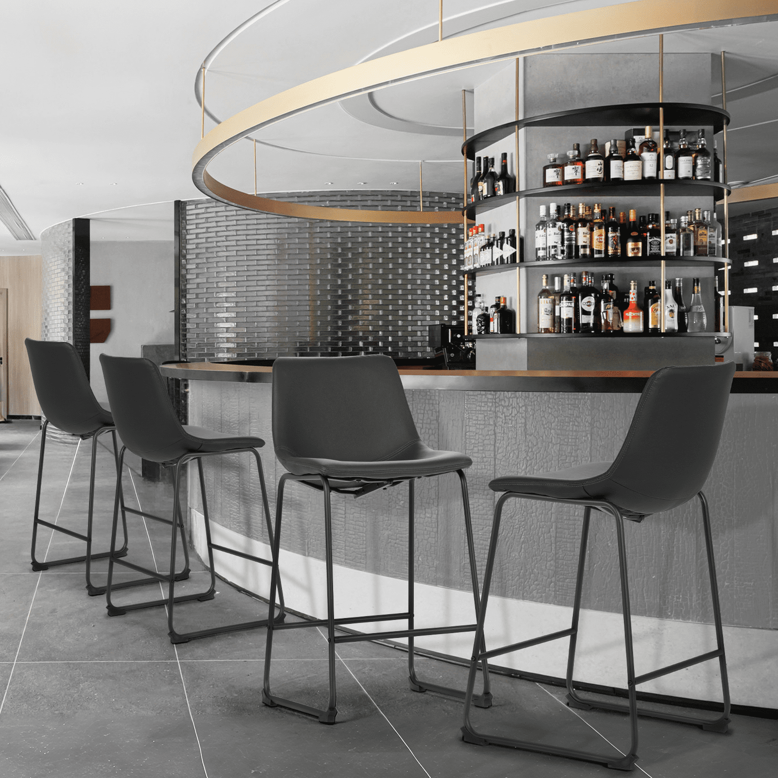 MoNiBloom PU Leather Barstools Set of 4, Modern Counter Height Bar Stools, Dining Pub Chairs with Padded Bucket Seat, Black