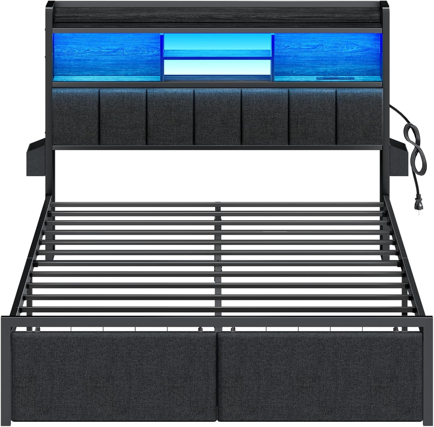 Queen Bed Frame with Storage Drawers, Upholstered Headboard with Storage Shelf, LED Lights and Charging Station, Metal Platform Bed Frame Queen Size, Noise Free, No Box Spring Needed, Black