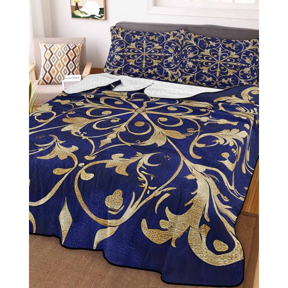 Abstract Blue Gold Twin Size Down Alternative Comforter, Lightweight Comforter Quilt Bedding Set with Pillow Shams Luxurious Traditional Flower Leaf All Seasons Bed Comforter Duvet Insert 68"x86"