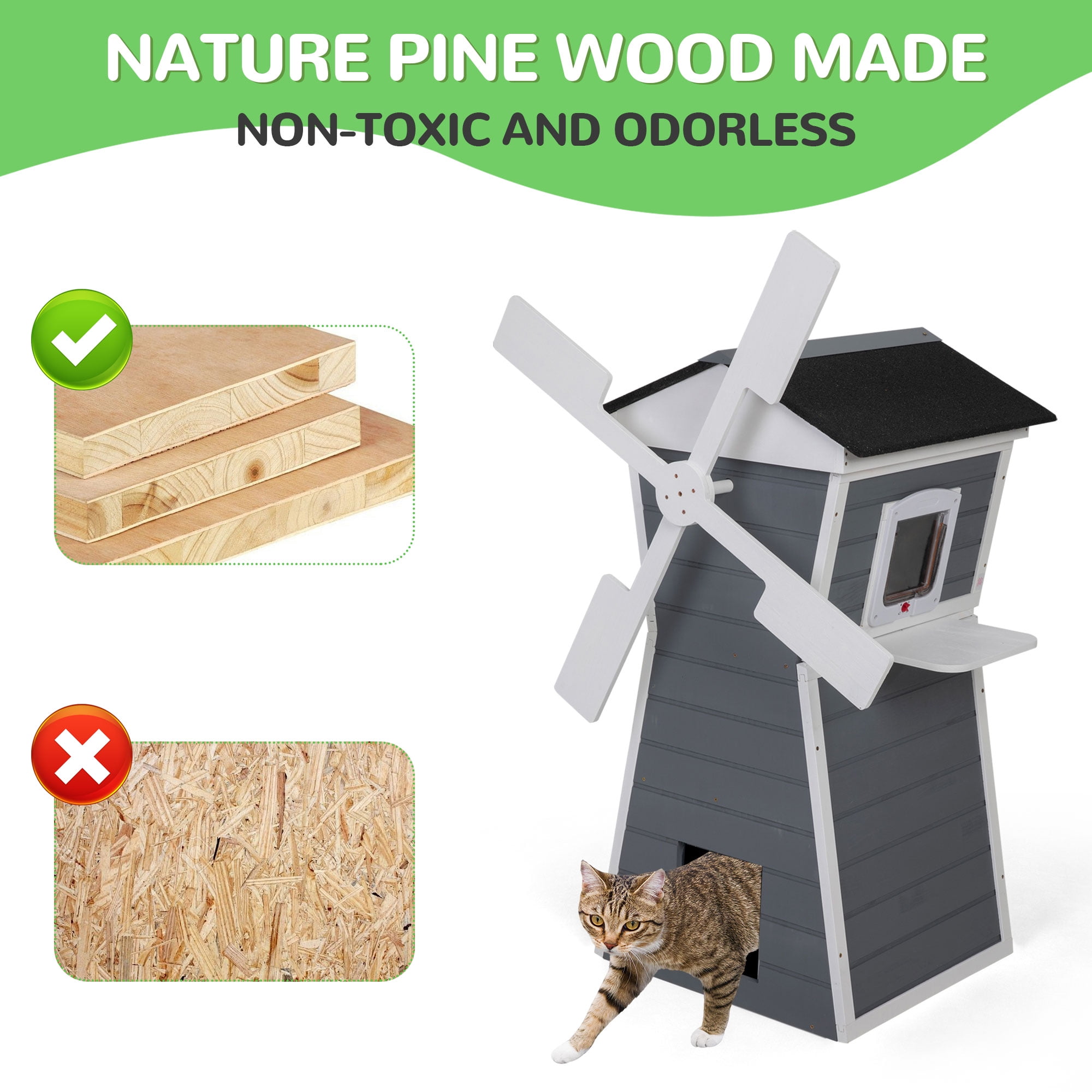 Coziwow Outdoor Cat House, Two-Story Windmill-Shaped Kitty Enclosure with Waterproof Roof, Viewing Platform for Porch or Garden