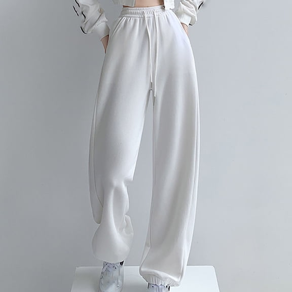 Womens Comfy Straight Wide Leg Fleece Elastic Waist Sweatpants Women's Lounge Pants Workout Casual Beige XL