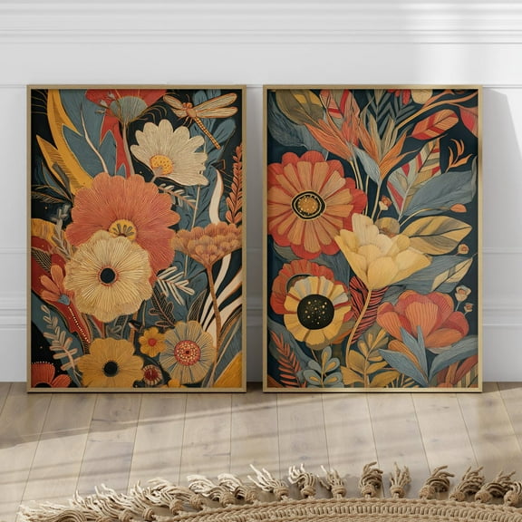 Luvia Aboriginal Floral Art Set Of 2 Poster Or Print, Earthy Botanical Wall Decor, Abstract Geometric Flowers, Bold Nature,Llustration, Modern Wall Decor Set 2 Prints 8x12 UNFRAMED