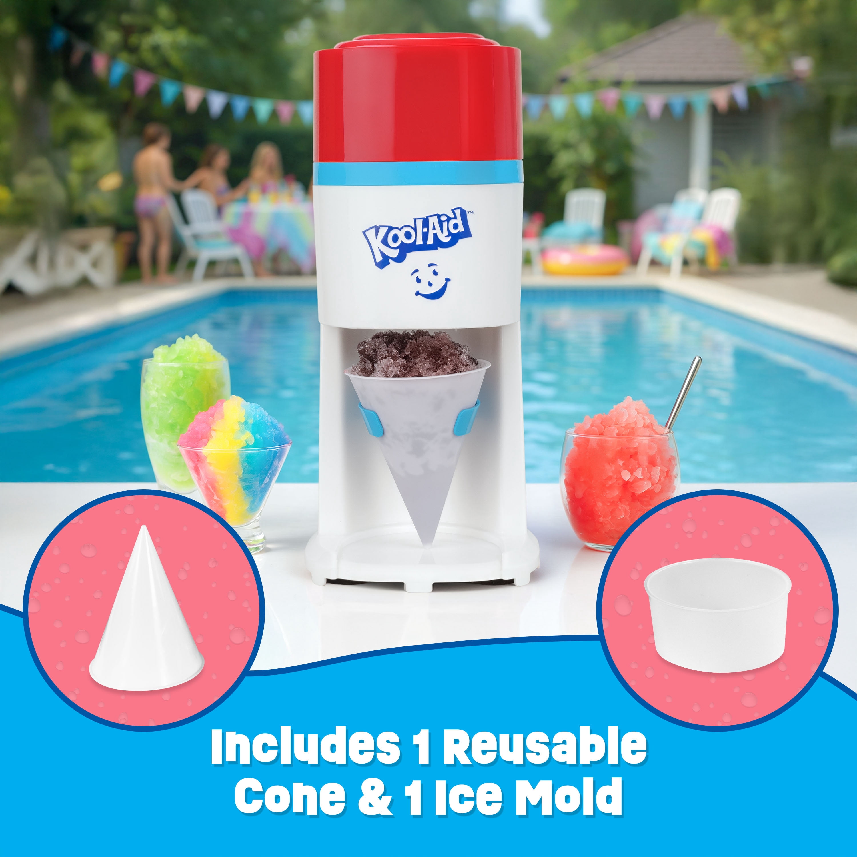 Kool-Aid Snow Cone Maker Party Kit, (3) 16oz Flavored Syrups, 20 Cones and Spoon Straws, Bomb Pop