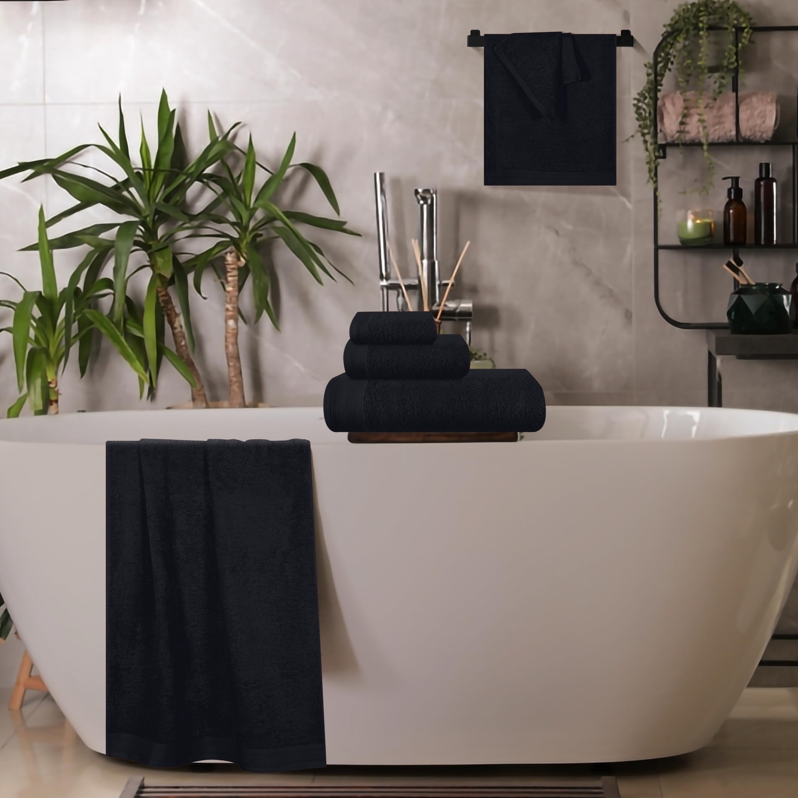 BELIZZI HOME Ultra Soft 6 Pack Cotton Towel Sets, Contains 2 Bath Towels 28x55 inch, 2 Hand Towels 16x24 inch & 2 Wash Coths 12x12 inch, Compact & Lightweight - Black