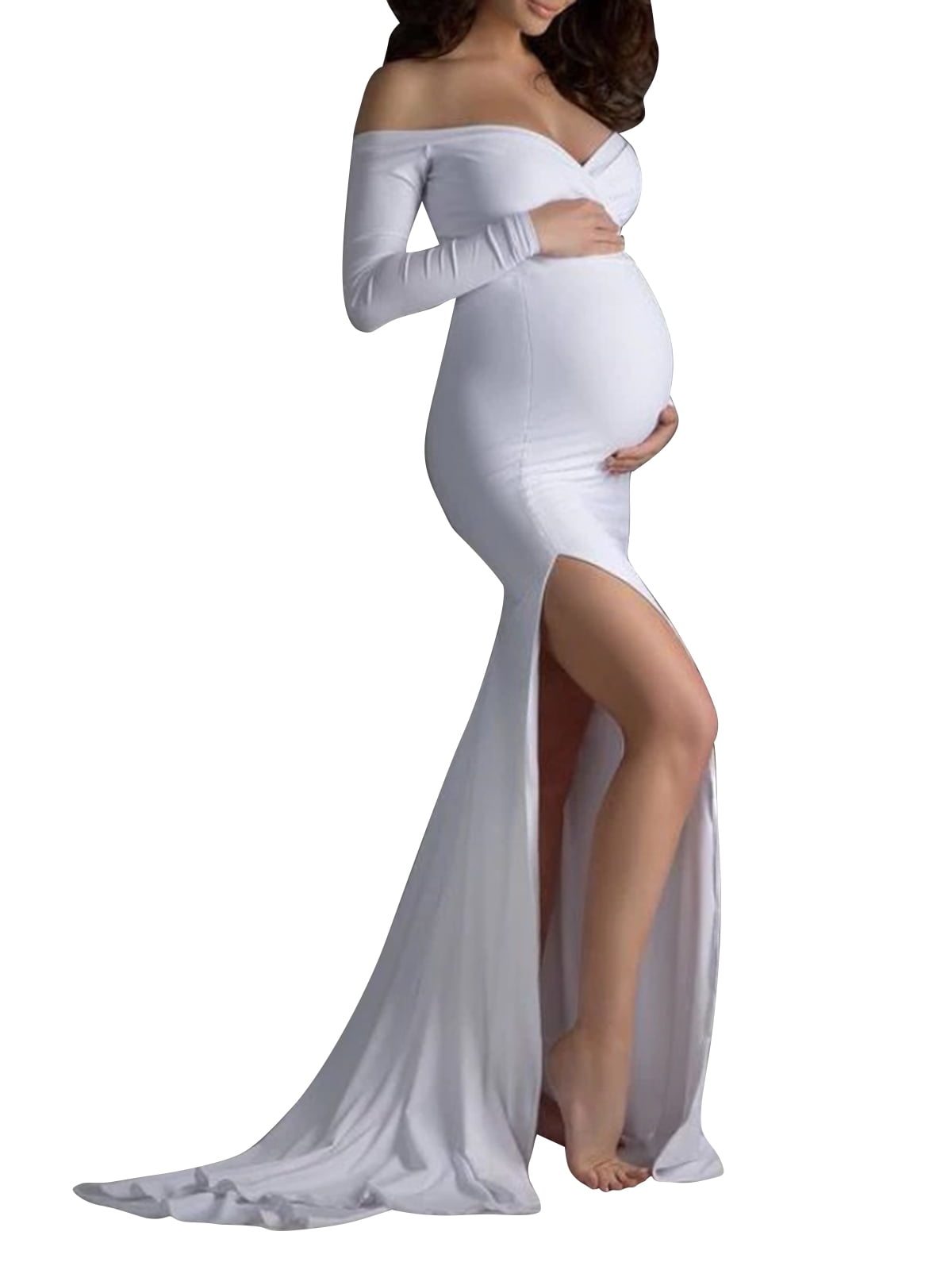 Maternity Long Dress Off Shoulder Elegant Fitted Maxi Gown Slim Stretchy Baby Shower Photography Dress 