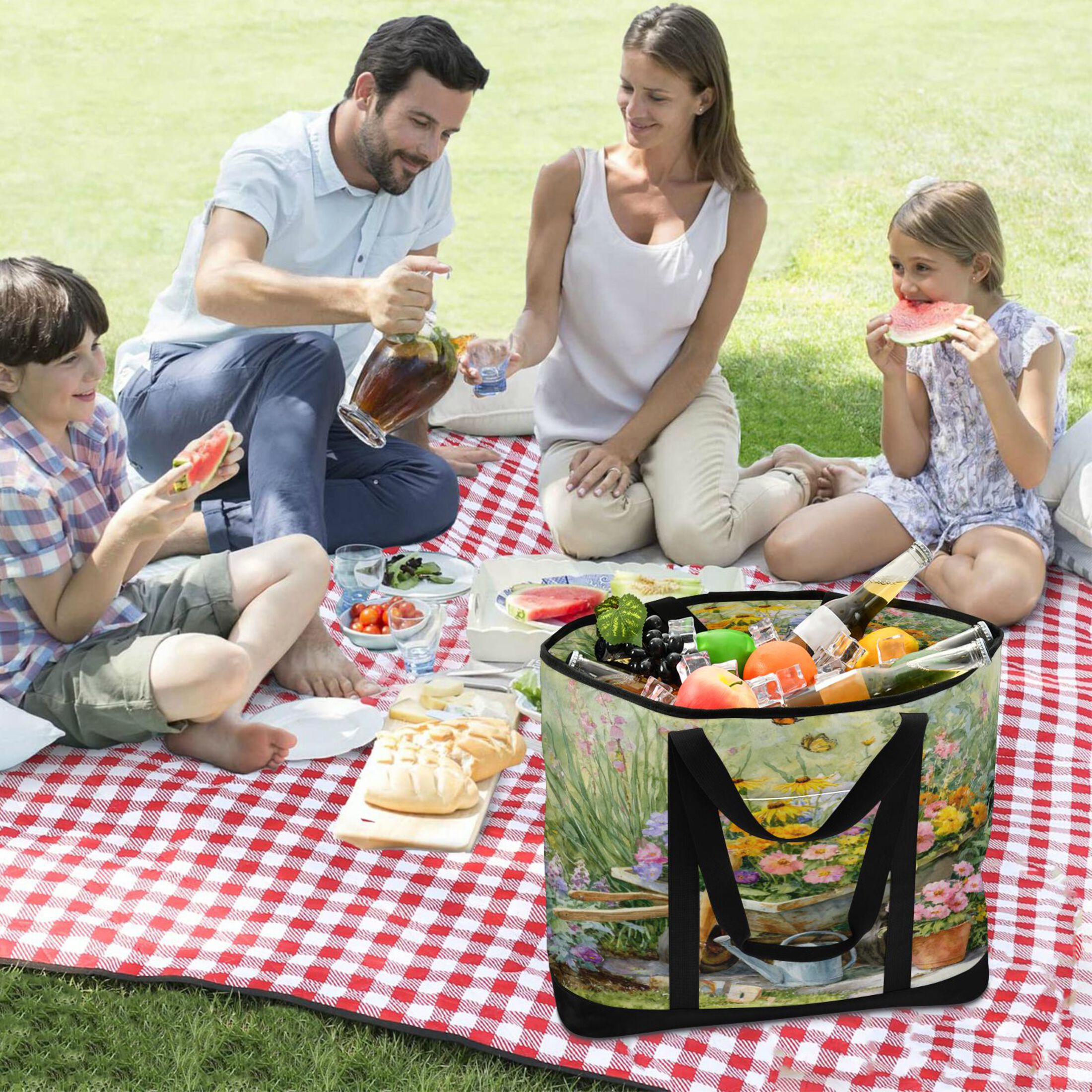 Extra-Large Wide Opening Design Capacity Hand-Held Ice Pack Thickened Insulation Layer For Long-Lasting Cold Retention For Outdoor Shopping Picnics And Camping A Colorful Garden Scene