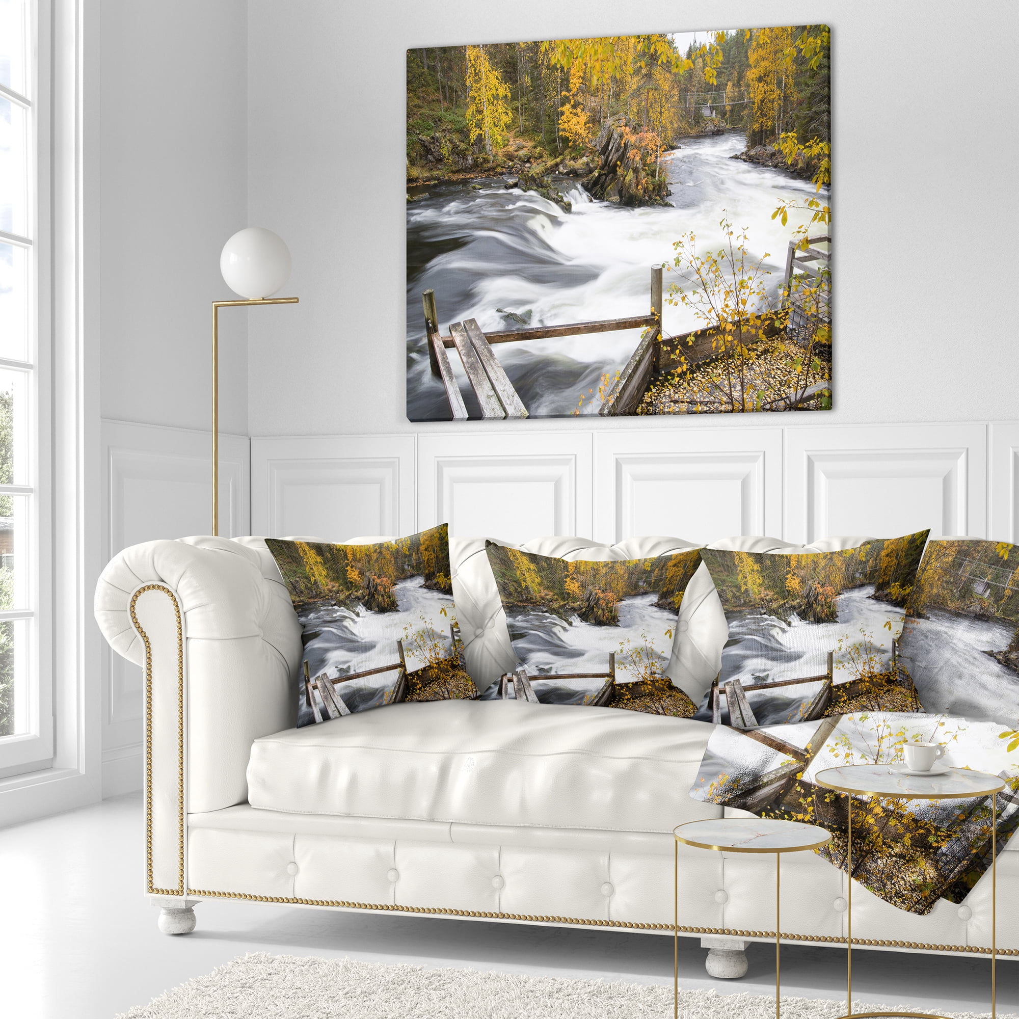 Designart Fall River Over Riffles and Rocks - Landscape Photography Throw Pillow - 16x16