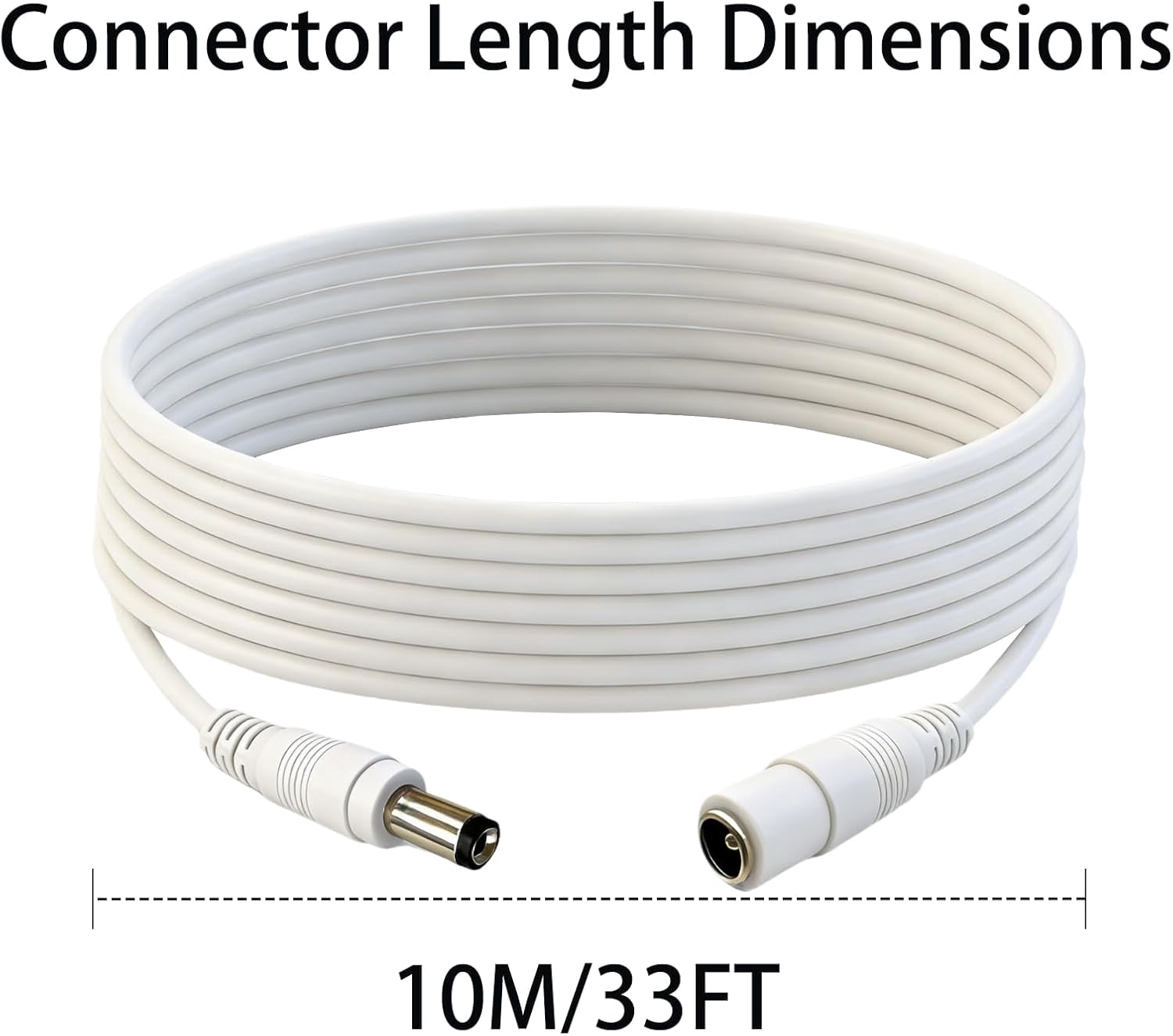 JJEAN-33FT 12V DC Extension Cable 5.5x2.1mm Male to Female DC Connector (White) for Monitoring LED Strip Lights Cameras Routers 1 PCS