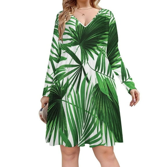 Palm Leaf Realistic Vivid Leaves of Palm Tree Long Sleeve Sexy Dresses For Women Ladies Vintage Elegant Party Dress Oversized V-neck Dress