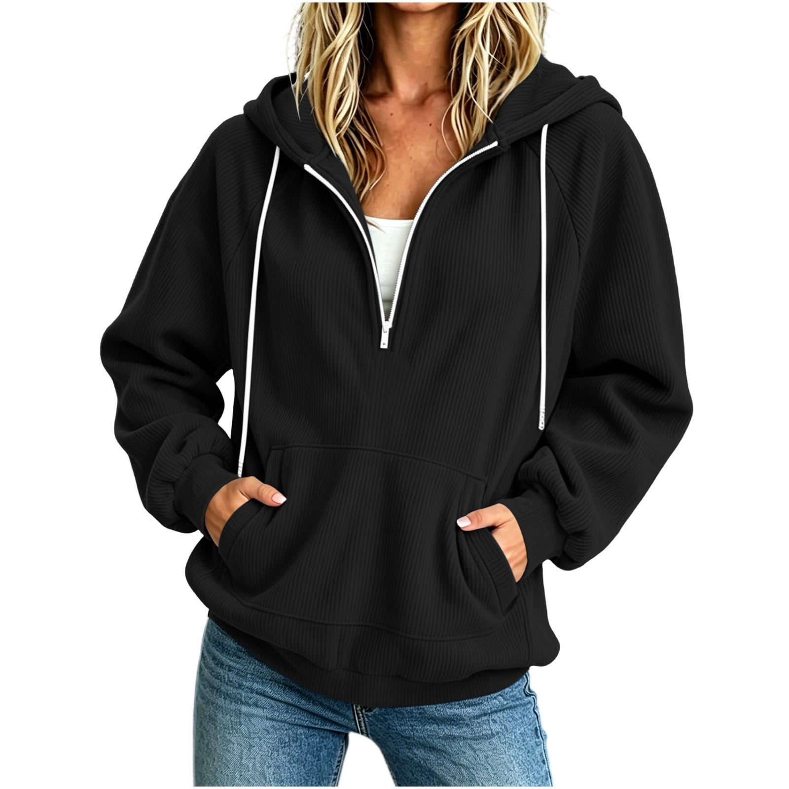 Lenpel Corduroy Hoodies for Women Long Sleeve Half Zip Sweatshirts with Pocket Drawstring Casual Loose Fit Pullover Tops(Black Medium)