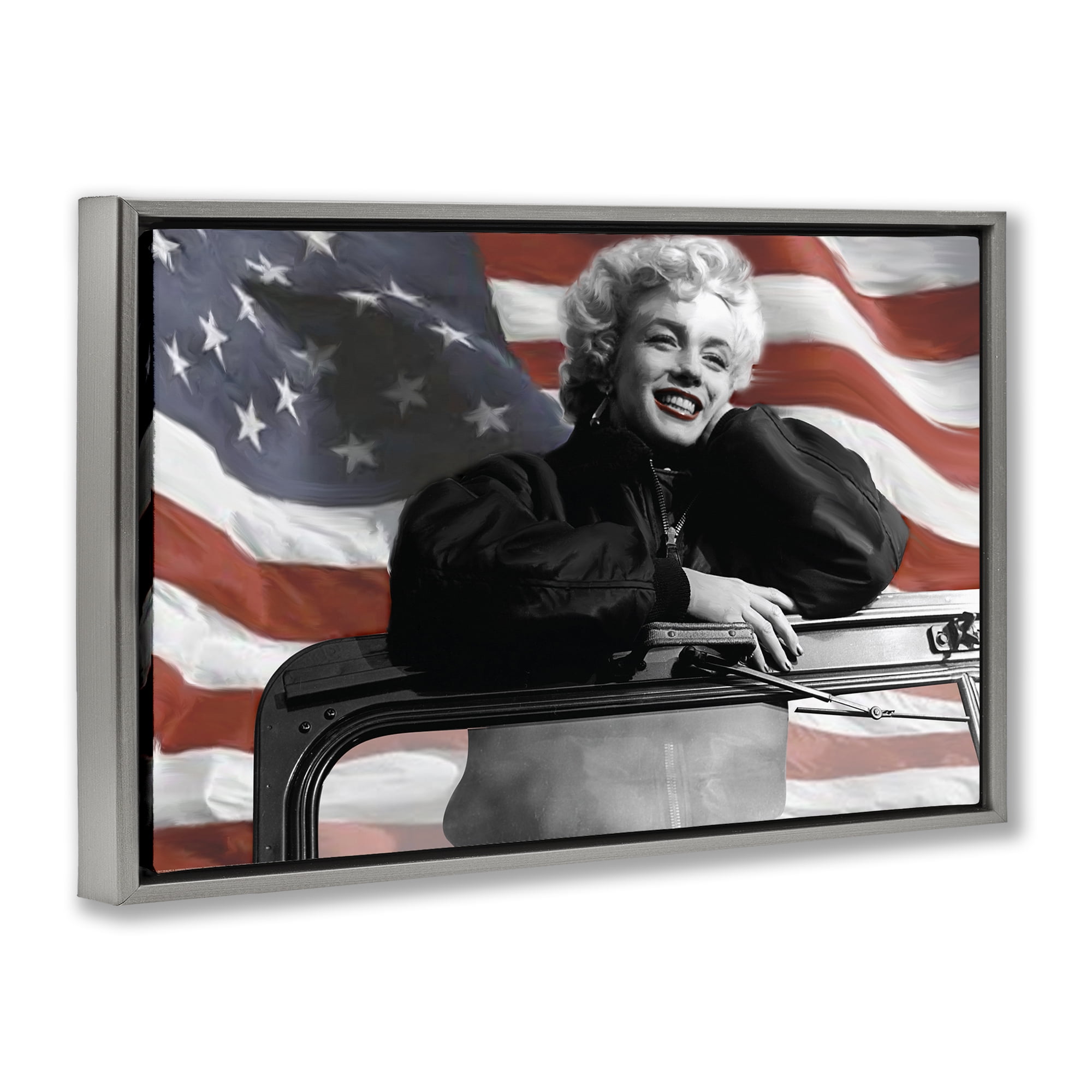 Stupell Industries Marilyn & Waving Flag People Painting Gray Floater Framed Canvas Art Print Wall Art, 31 x 21