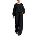thumbnail image 2 of Mifsaly 2 Piece Linen Set for Women Crewneck Balloon Sleeve Tops and Lounge Trousers Trendy Going Out Travel Airport Vacation Matching Outfits, 2 of 6