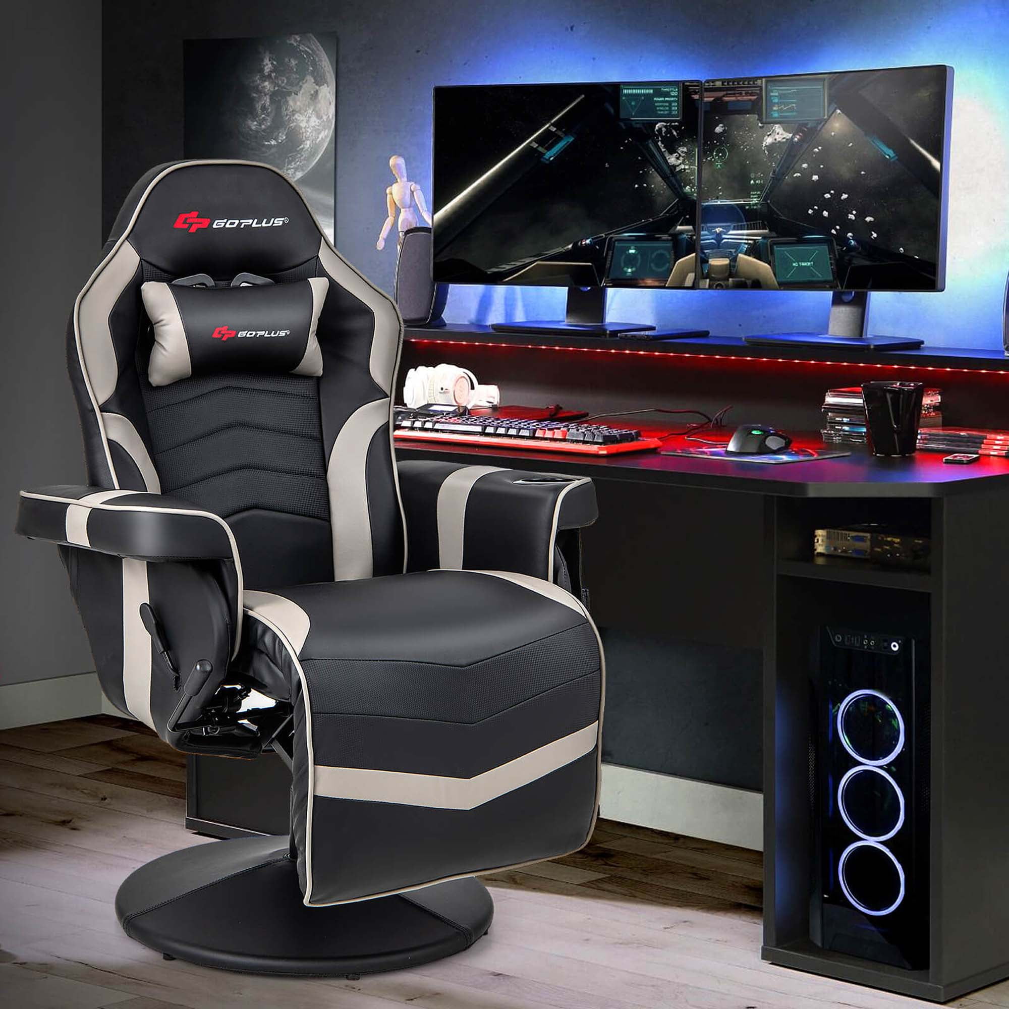 Goplus Massage Gaming Recliner Height Adjustable Racing Swivel Chair with Cup Holder Grey
