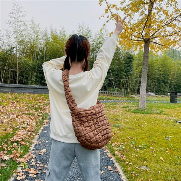 Laibmfc Puffer Shoulder Bag For Women Quilted Puffy Lightweight Nylon Handbag Large Padded Soft Purse Brown
