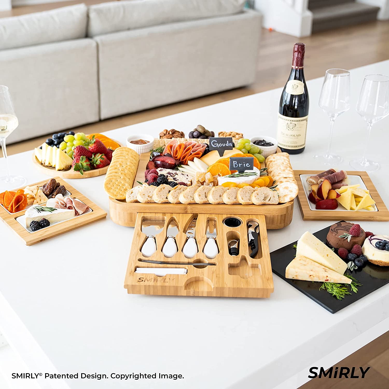 Smirly Bamboo Cheese Board and Knife Set: Large Charcuterie Boards Set & Cheese Platter