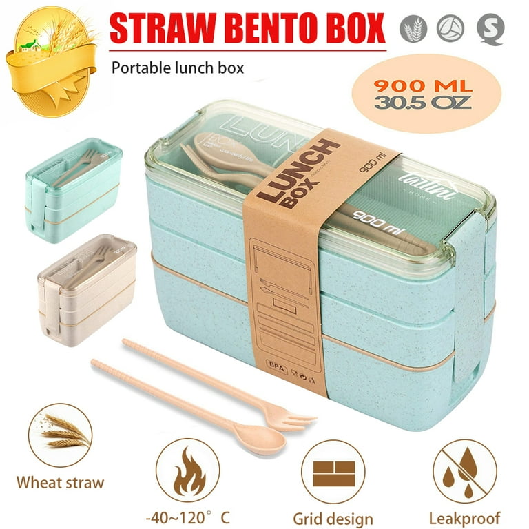 Eco Friendly Stackable Bento Box Lunch Box for Adults and Kids Dishwasher  and Microwave Safe Leak Proof 2 Dividers Wheat Cutlery 