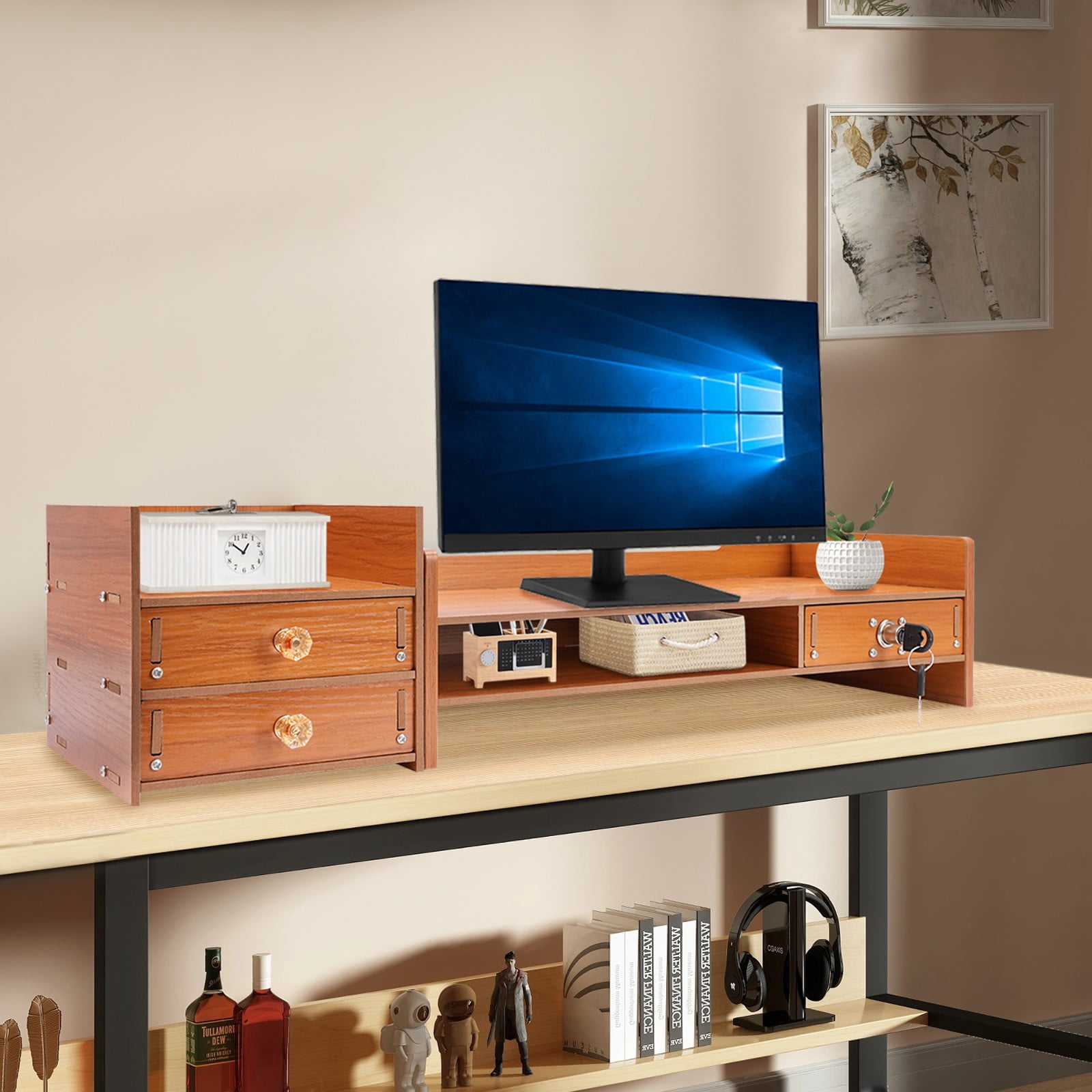 Monitor Stand Riser, Computer Monitor Stand Shelf with Storage, Durable Engineered Wood Desktop Organizer for Home Office