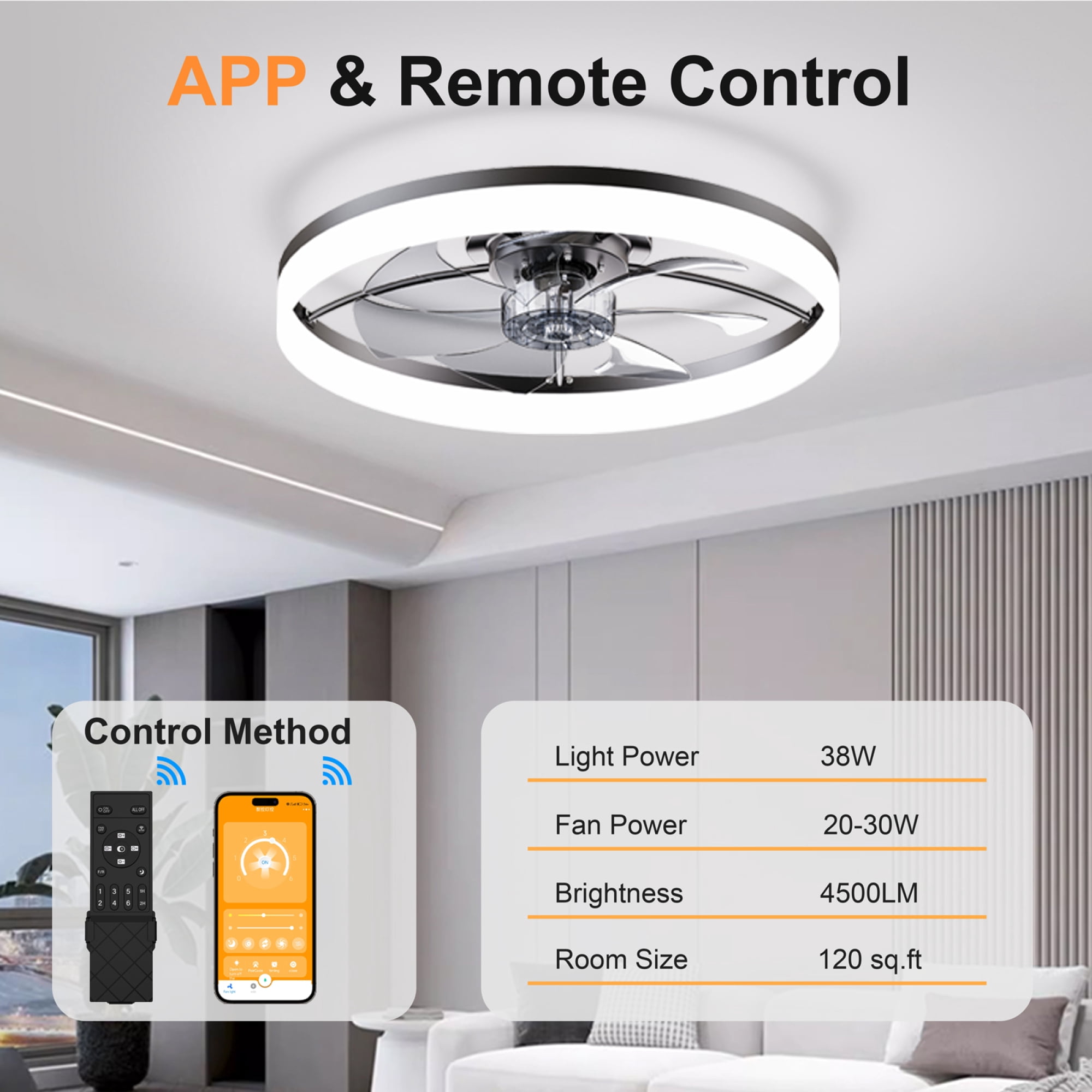 Leumius 23.6" LED Ceiling Fan Light with Remote and App Control, 6 Speeds, Dimmable Brightness, 3000K-6500K Color Temperature, Flush Mount Fandelier for Bedroom Black