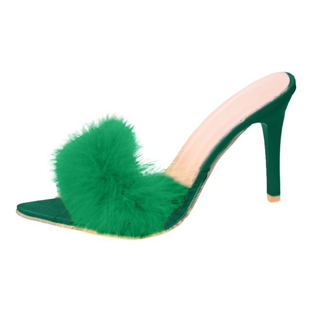IUJSOY Womens Fuzzy Slippers High Heels Pointed Toe Stilettos Mules Sandals Fluffy Slip on Pumps