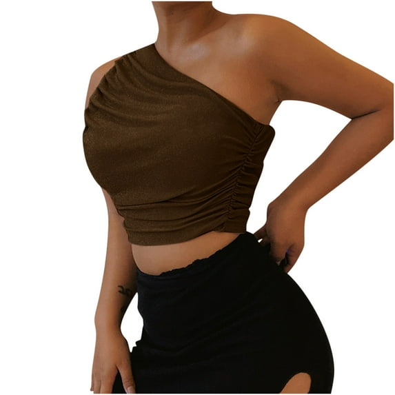 Womens Tops Casual Sexy Glitter One Shoulder Pleated Tank Tops Blouse