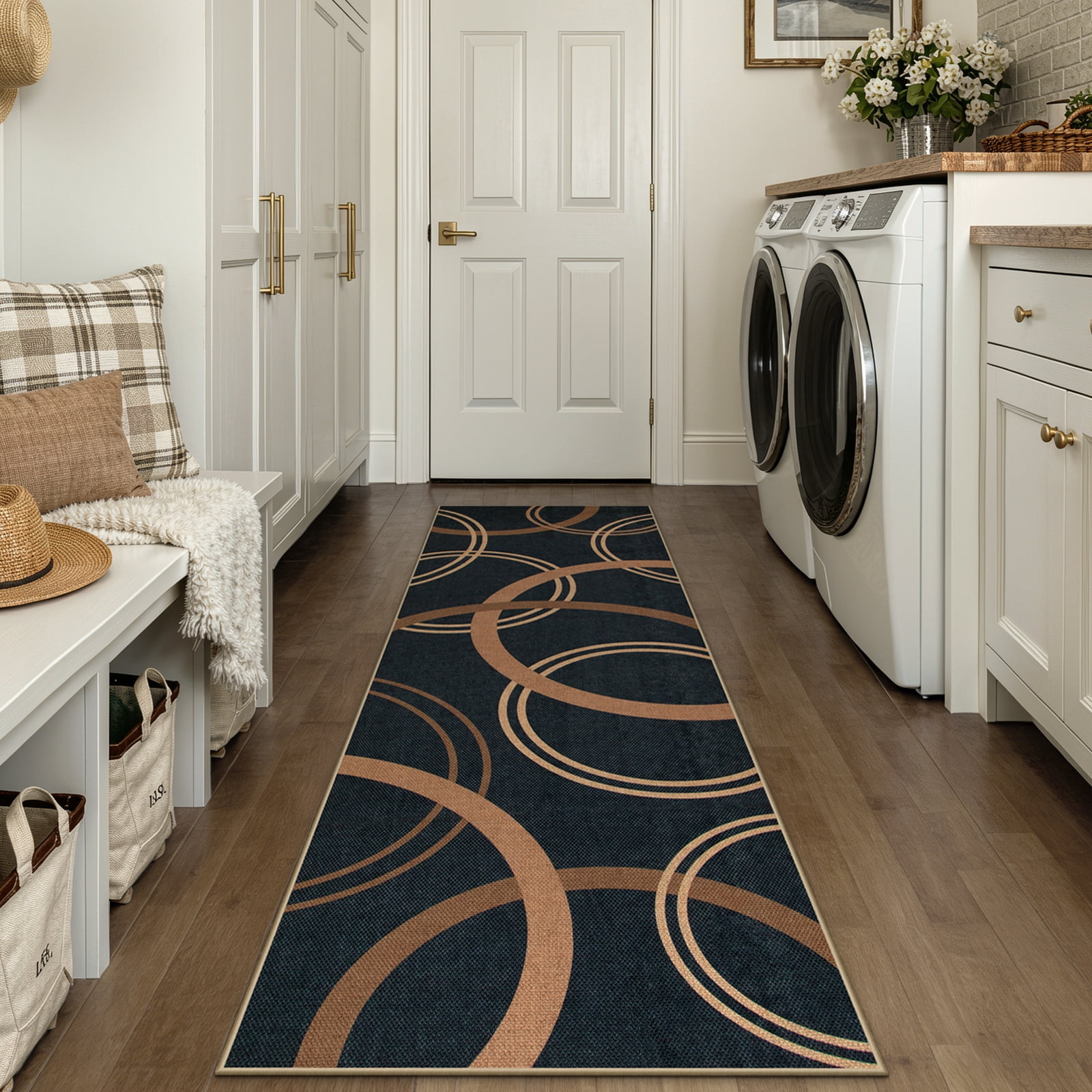 SUNDEREY 2'6"x8' Geometri Kitchen Rug,Runner Rugs 2.6x8ft Hallway Easy Jute Rug,Non Slip Washable Circular Pattern Rug,Soft Non-Slip Khaki Indoor Carpet for Entryway Laundry Bedroom,Black