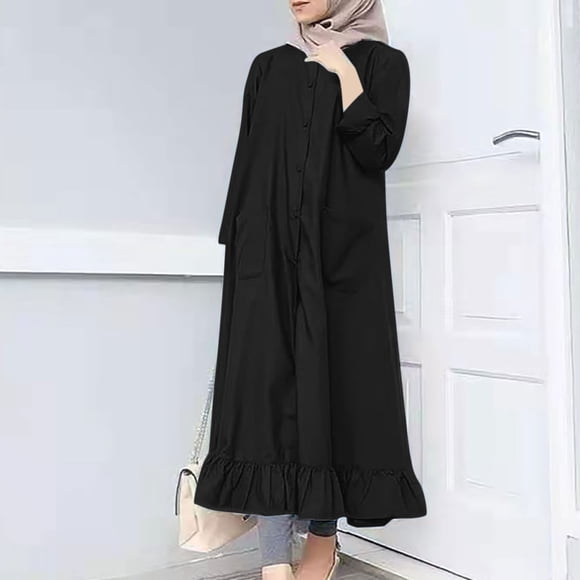 Bescita Women's Round Neck Loose Long Sleeve Solid Ankle-Dress Swing Long Dress Clearance Sales