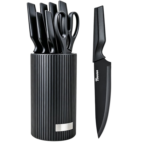 TINANA 8-Piece Kitchen Knife Set with Universal Block, 6 Stainless Steel Knives and Multipurpose Kitchen Shears, Black