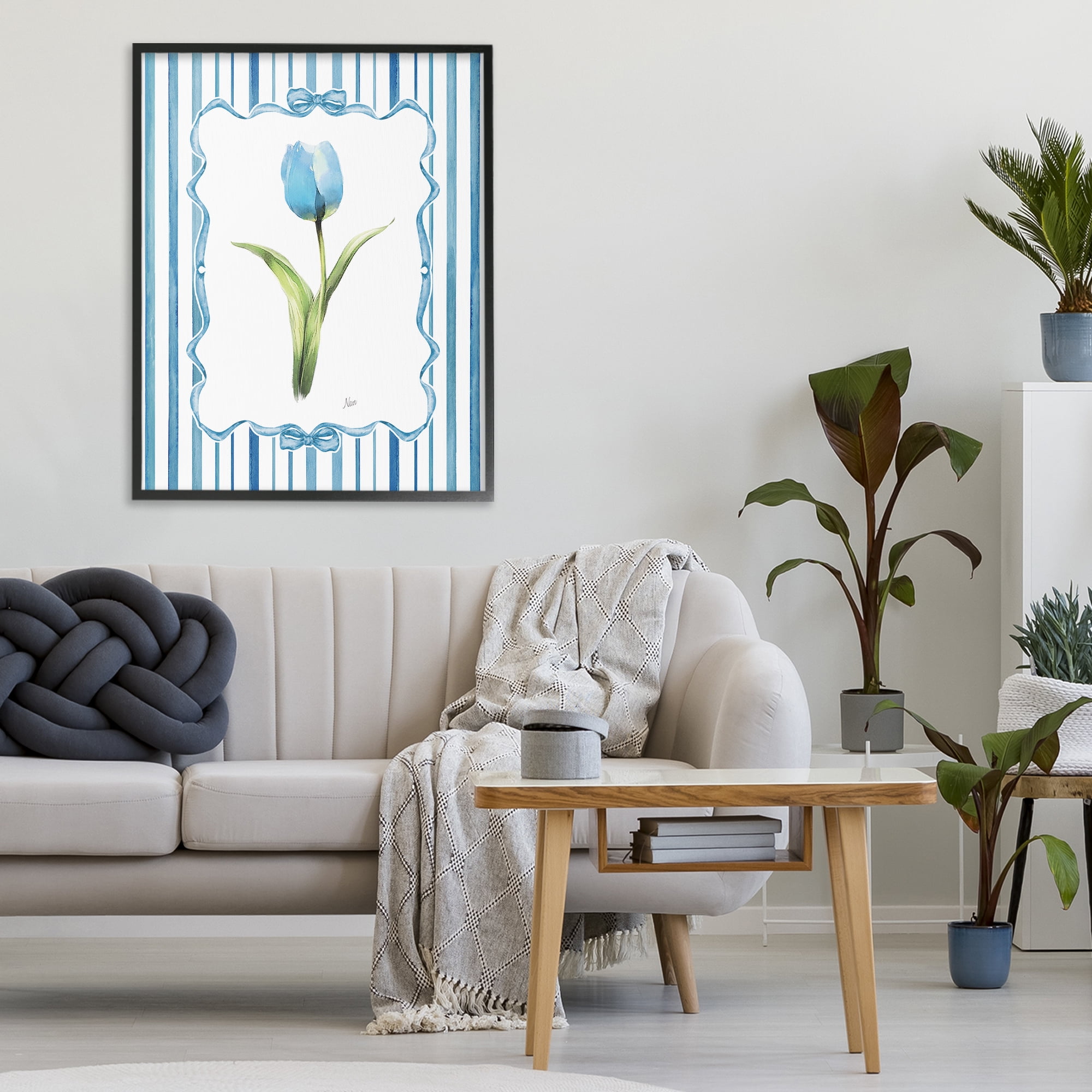 Stupell Industries Single Blue Tulip Stripes Black Framed Giclee Art, design by Nan