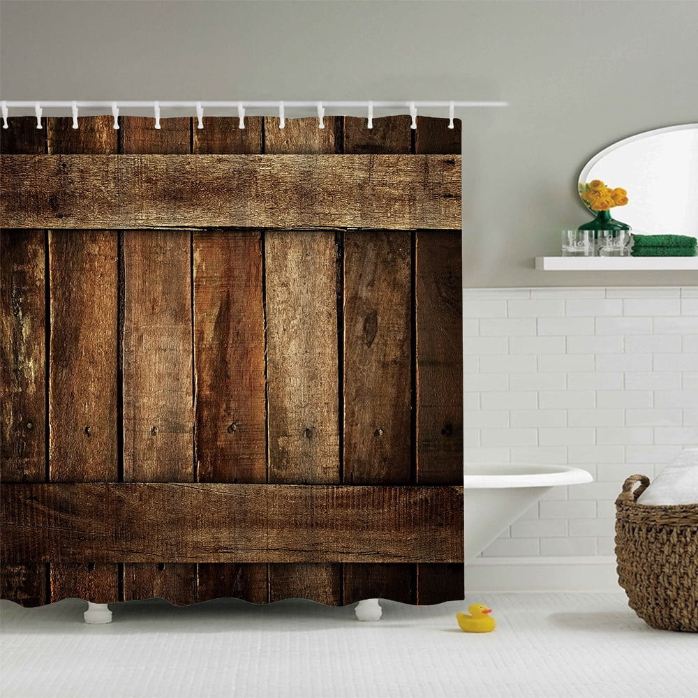 Plank Fabric Shower Curtain with 12 Hooks Dark Brown Old Background