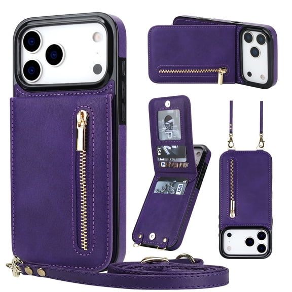 Crossbody Wallet Case for iPhone 18 Pro with Card Holders RFID Shockproof Cover, Back Magnetic Flip Kickstand Zipper Slot Case, PU Leather Cover Handbag Shoulder Strap Phone Case,Purple