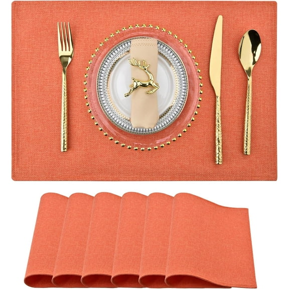 Thanksgiving Orange Cloth Placemats Set of 6 - Easy to Clean Linen Style Fabric Table Placemats -Machine Washable & Heat Resistant Non-Slip Table Mats for Holiday Dining