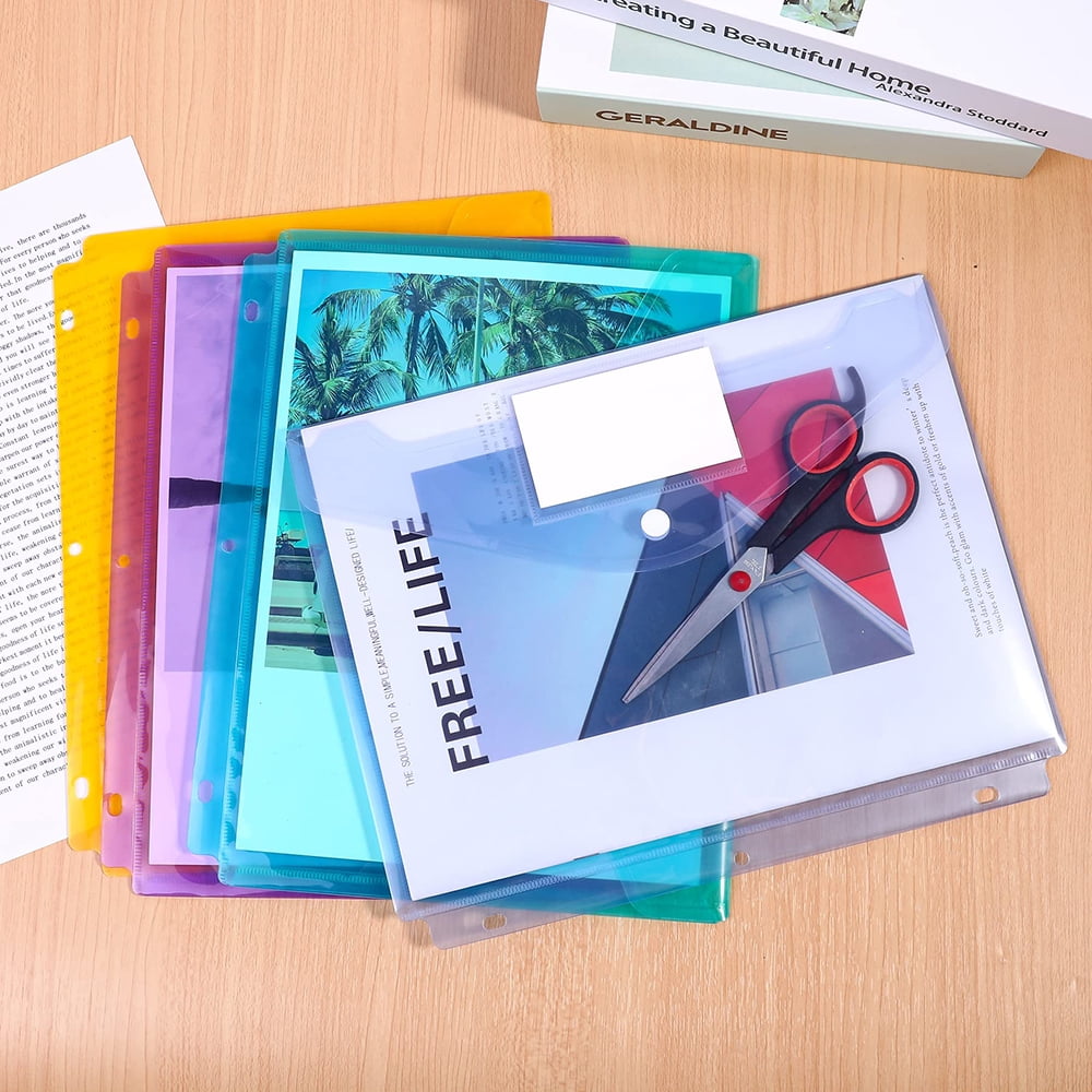Binders, Plastic Poly Envelopes, Colorful Clear 3-Ring Binders, Letter Size, Snap Pockets with Labels, for School Home Office/20PCS