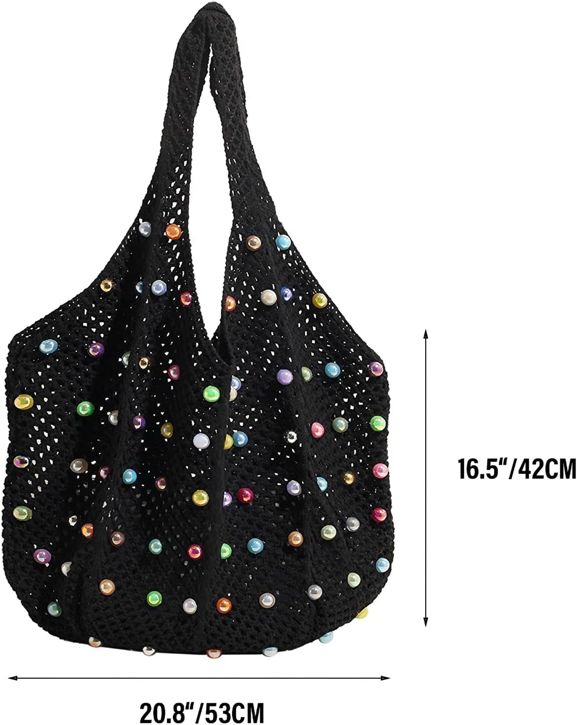 CAILDANL Boho Crochet Beach Tote Shoulder Bag with Colored Beads | Colorful Aesthetic Hippie Knit Bag for Women