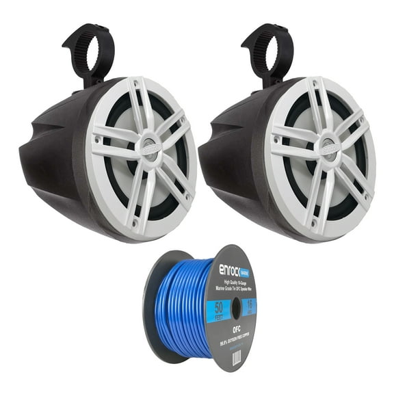 Pair (QTY 2) of Enrock 6.5" 180 Watt Peak Power 2-Way Marine Audio White Boat Speakers Bundle Combo with (QTY 2) 6.5" Black Unloaded Speaker Pods, 50ft Wire