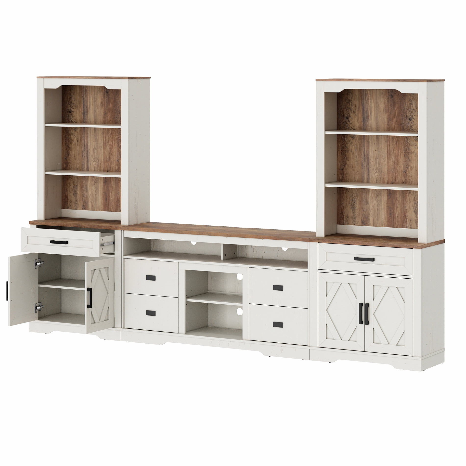 WAMPAT Farmhouse Entertainment Center with Bookshelf for TVs up to 65",Mid Century Modern TV Stand with 73"H Tall 5-Tier Bookcase with Open Storage and Barn Doors for Living Room,Bedroom,White