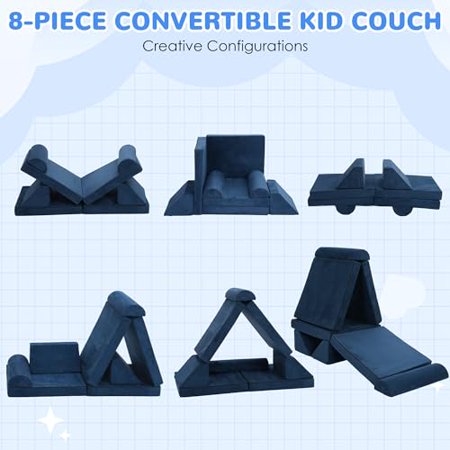 Rengue 8PCS Modular Kids Play Couch, DIY Modular Toddler Couch for Glow in The Dark, Baby Play Couch Glow Sofa, Easy to Build Magical Forts in Your Playroom/Bedroom/Indoor/Nursery (Blue)
