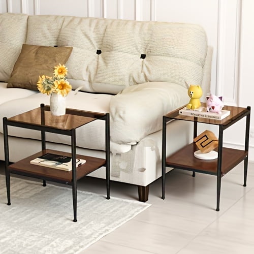 Set of 2 Rectangle End Table, Tempered Glass Tabletop with MDF layer, Modern Table for Living Room , Brown Glass