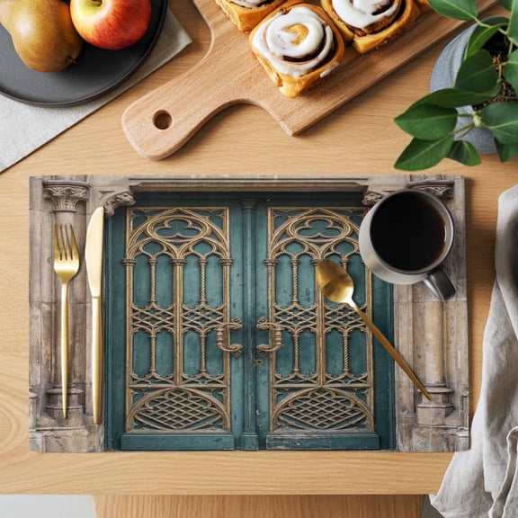 Vintage Blue Door Placemats Set of 4, Flower Pattern Abstract Retro Gate Heat Insulated Linen Place Mats, Washable Stain-Proof Table Mats for Dining Tables Holiday Decor 13x19 Inches