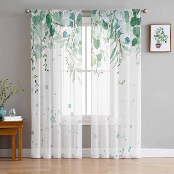 Spring Eucalyptus, Semi Sheer Curtains 96 Inch Length 2 Panels Set, Green White Watercolor Botanical Leaf Sheer Kitchen Curtain Privacy Voile Window Curtain for Living Room Bedroom Rod Pocket Drapes