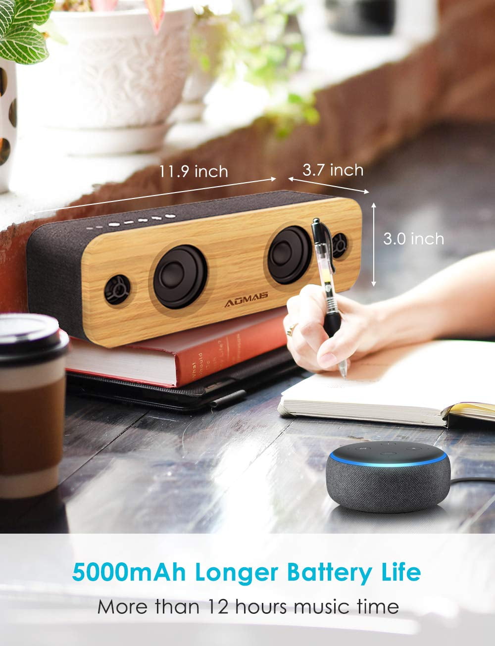 AOMAIS LIFE 30W Bluetooth Speakers Loud Bamboo Wood Home Audio Wireless Speaker with Super Bass 3EQ Modes for Home Outdoors Party Subwoofer