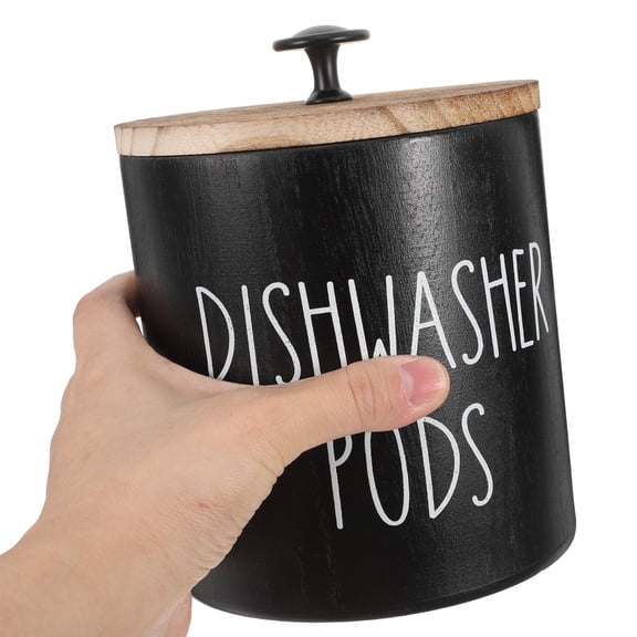 Toyvian Elegant Black Round Dishwasher Detergent Container Wooden Storage Box with Lid for Laundry Room 1Pcs
