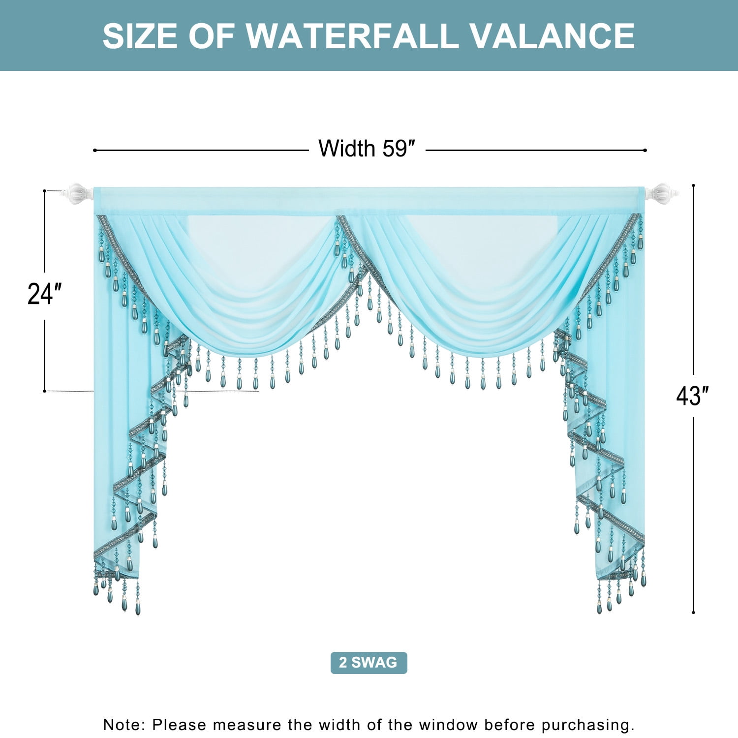 VOGOL Sheer Window Curtains Valance, 1 Panel Retro Style Drapes for Living Room with 2 Swags, Luxury Waterfall Valances for Home Wedding Party, 59 inches Wide, Light Blue
