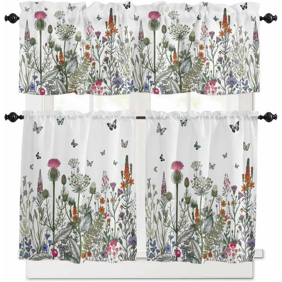 Spring Floral Kitchen Curtains, Gray Plaid Farmhouse Flowers Watercolor 3-Piece Kitchen Curtain Valance and Tiers Set 24 Inch Length, Rod Pocket Half Window Curtains for Cafe Living Room Bathroom