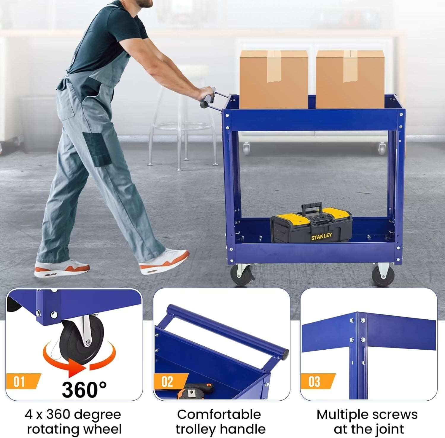 2-Tier Utility Cart, Heavy Duty Steel Rolling Cart, 300lb Multi-Purpose Tool Organizer, Metal Garage Organizer Tool Cart for Warehouse, Garage, Garden, Kitchen